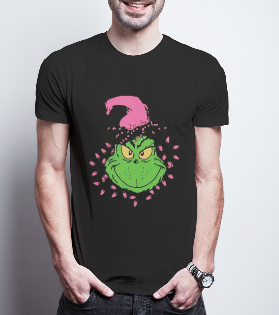 Grinch In Pink Santa Hat With Pink Christmas Lights T-Shirt