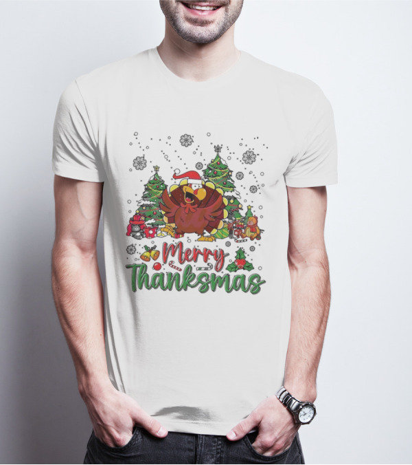 Merry Thanksmas Funny Turkey Santa Hat Christmas Trees T-Shirt