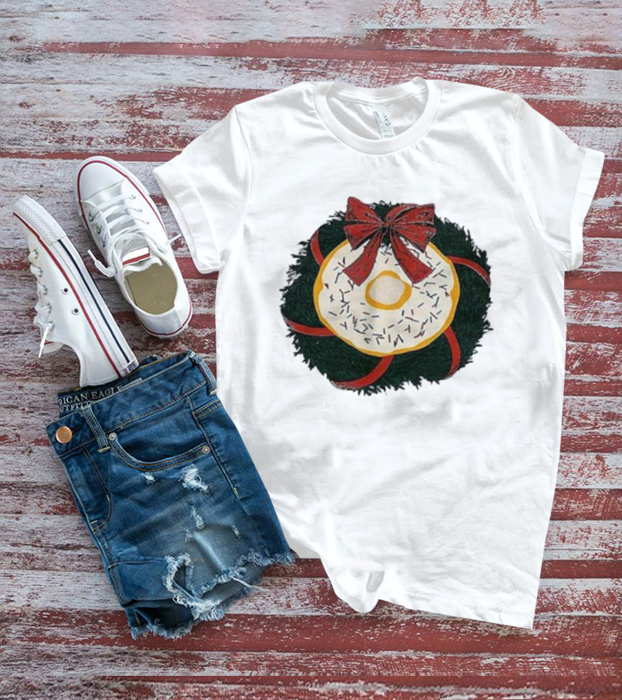 Gibson's Donuts Christmas Holiday Wreath With Red Bow And Donut Sprinkles T-Shirt