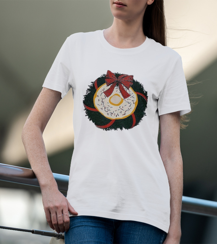 Gibson's Donuts Christmas Holiday Wreath With Red Bow And Donut Sprinkles T-Shirt
