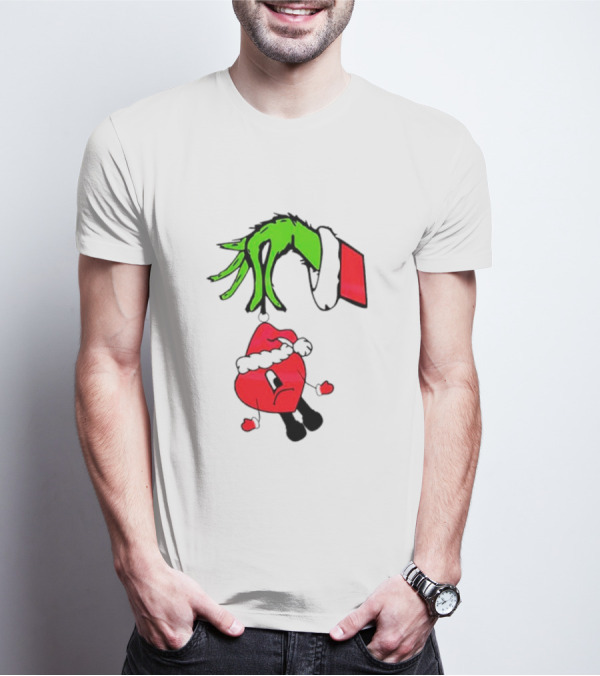 Grinch Hand Bad Bunny Santa Hat Christmas T-Shirt