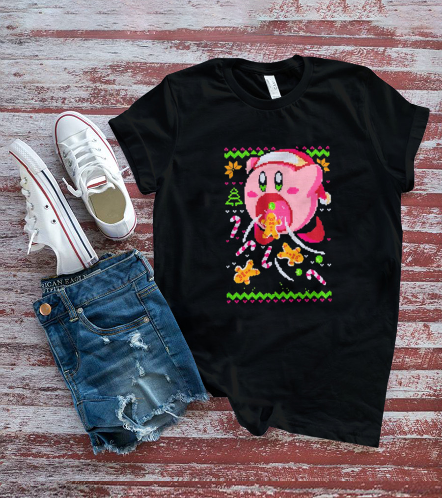 Kirby Santa Hat Eating Gingerbread Candy Canes Holiday T-Shirt