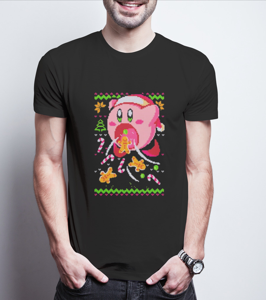 Kirby Santa Hat Eating Gingerbread Candy Canes Holiday T-Shirt
