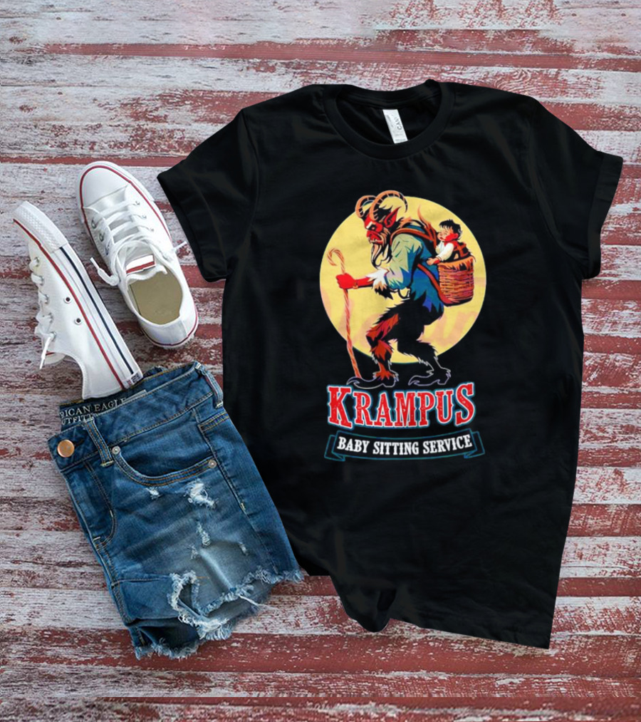 Krampus Baby Sitting Service Horror Christmas Monster Carrying Child T-Shirt