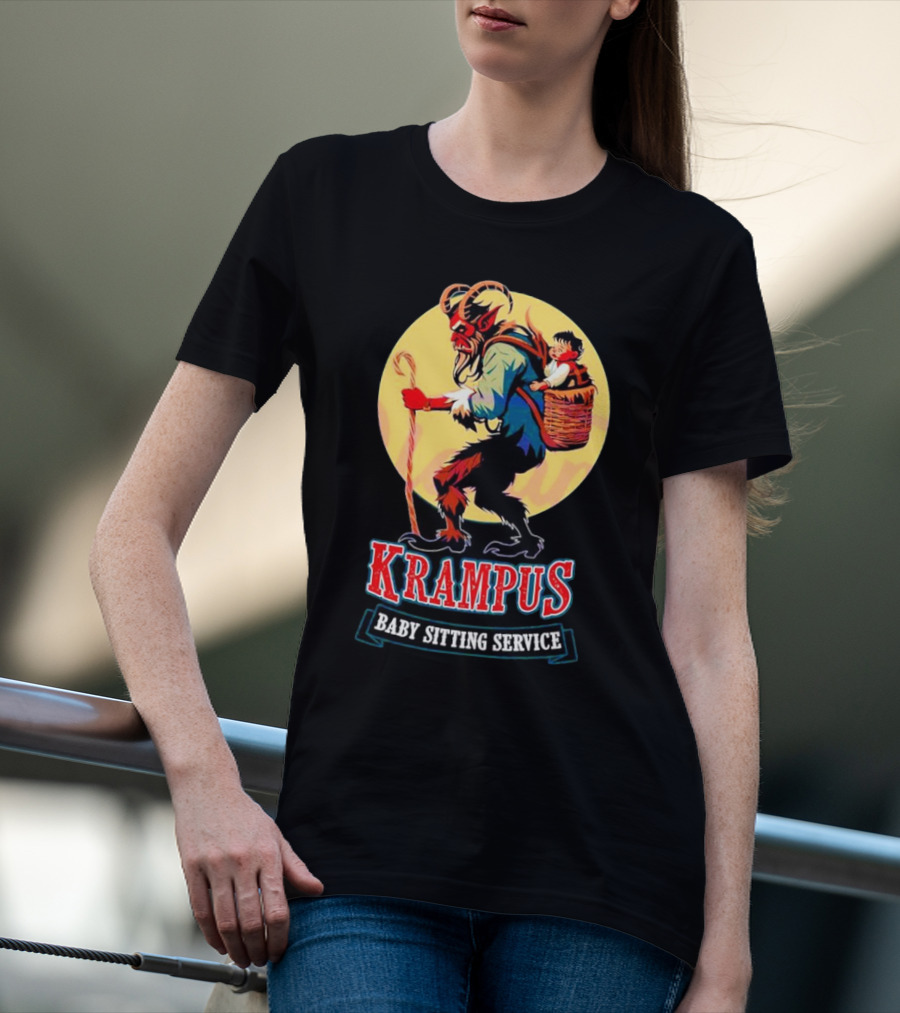 Krampus Baby Sitting Service Horror Christmas Monster Carrying Child T-Shirt