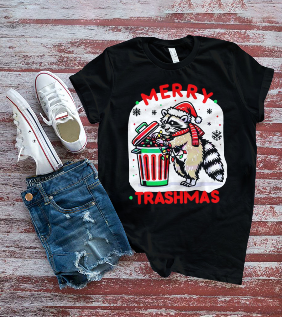 Merry Trashmas Raccoon Santa With Christmas Lights T-Shirt