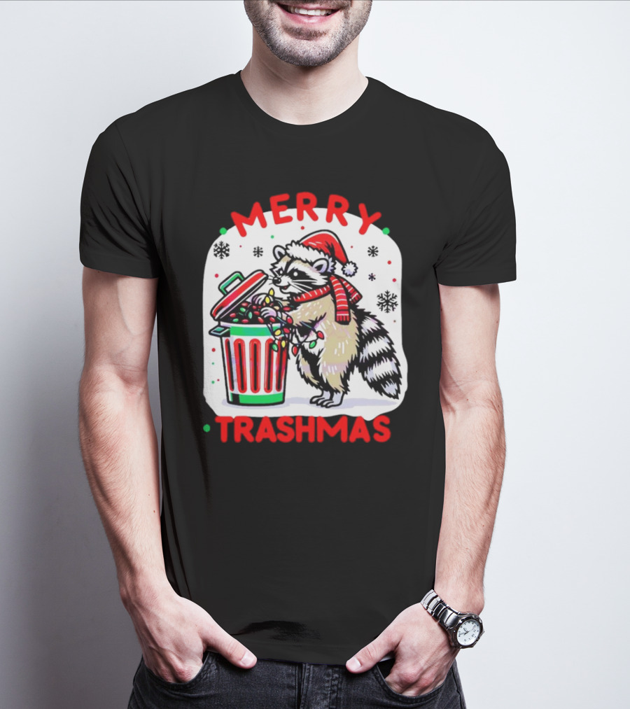 Merry Trashmas Raccoon Santa With Christmas Lights T-Shirt