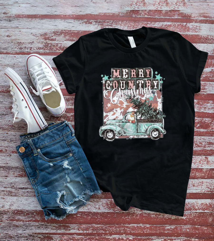 Merry Country Christmas Santa Truck With Tree T-Shirt