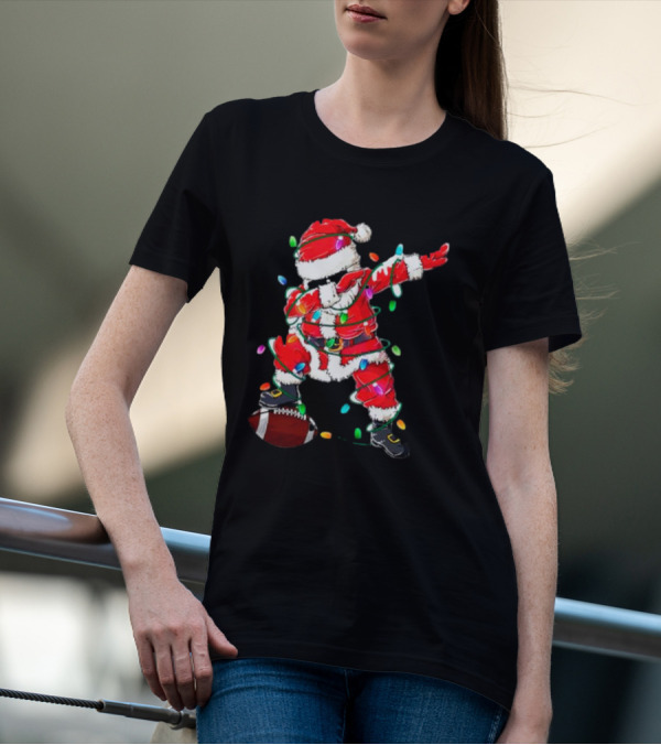 Santa Dabbing With Christmas Lights And Football T-Shirt