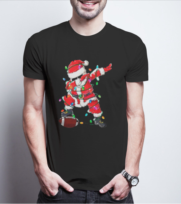 Santa Dabbing With Christmas Lights And Football T-Shirt