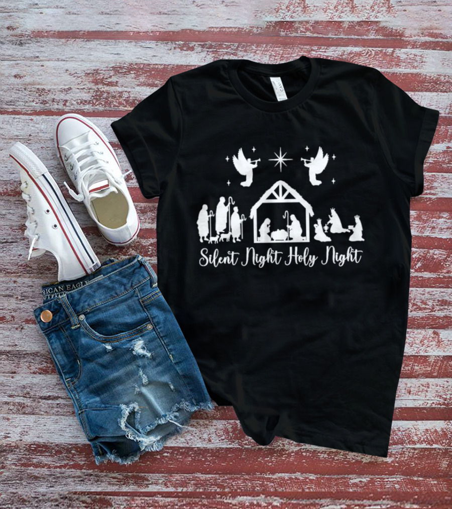 Silent Night Holy Night Nativity Scene With Angels And Star T-Shirt