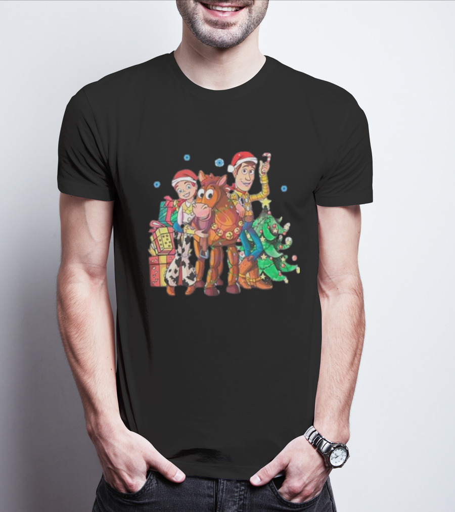 Toy Story Christmas Jessie Woody Bullseye Santa Hats Presents Christmas Tree T-Shirt