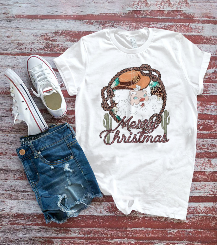 Merry Christmas Western Santa Cactus Rope Cowboy Hat T-Shirt