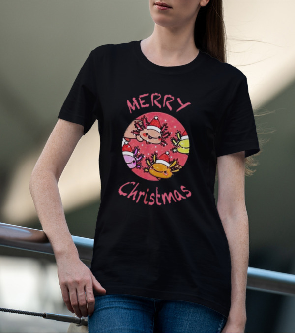 Merry Christmas Axolotl With Santa Hat T-Shirt