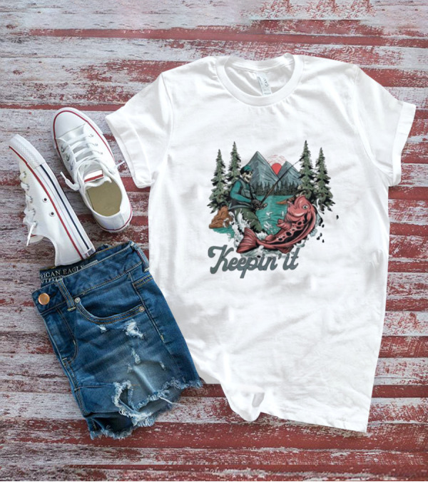 Keepin' It Reel Skeleton Fishing Adventure With Giant Fish And Mountain Lake Scene T-Shirt