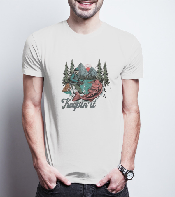 Keepin' It Reel Skeleton Fishing Adventure With Giant Fish And Mountain Lake Scene T-Shirt