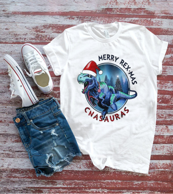 Merry Rex-mas CNAauras Santa Hat Dinosaur Christmas Tree Forest T-Shirt