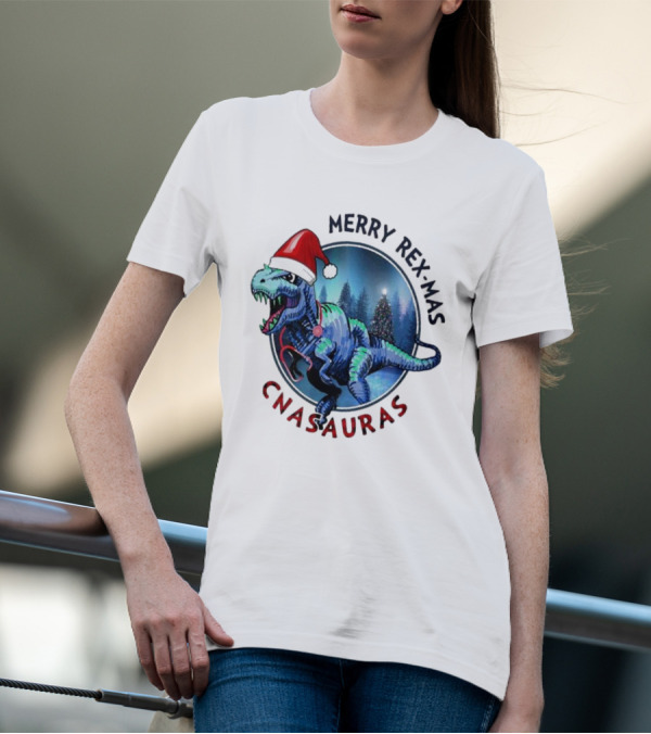 Merry Rex-mas CNAauras Santa Hat Dinosaur Christmas Tree Forest T-Shirt
