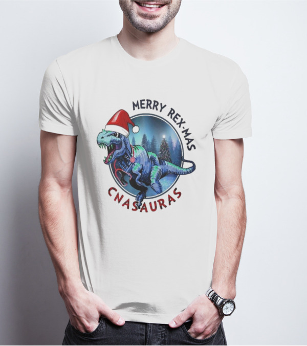 Merry Rex-mas CNAauras Santa Hat Dinosaur Christmas Tree Forest T-Shirt