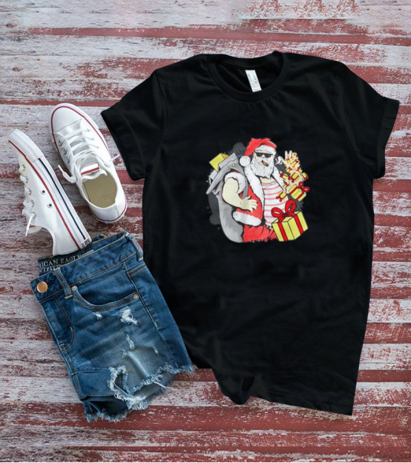 Santa Claus Cool Sunglasses Carrying Christmas Gifts T-Shirt