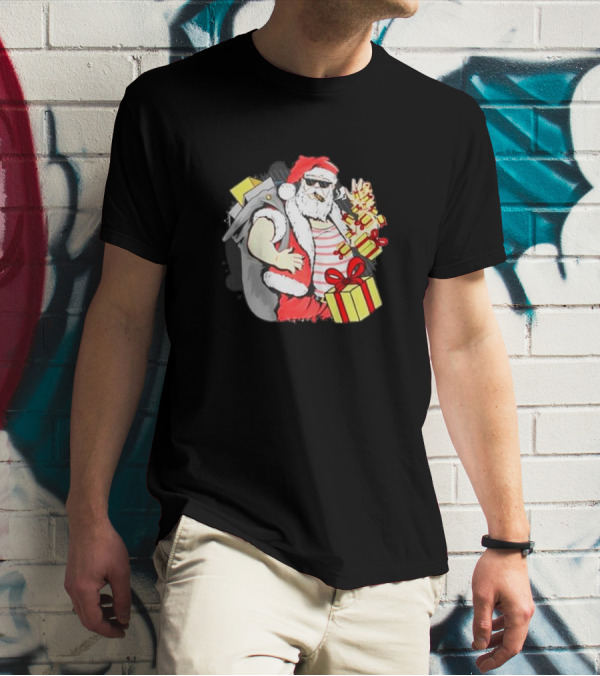 Santa Claus Cool Sunglasses Carrying Christmas Gifts T-Shirt