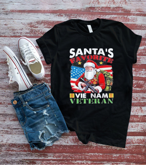 Santa's Favorite Vietnam Veteran With American Flag And Santa Claus Holding Military Gear T-Shirt
