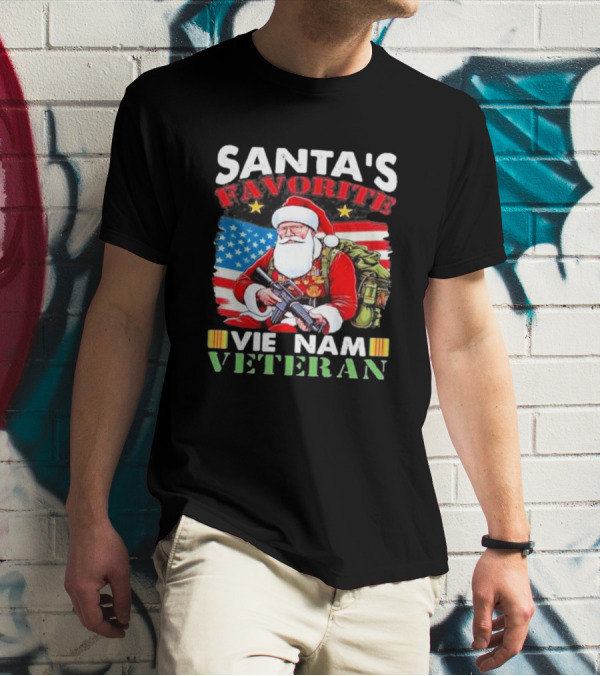 Santa's Favorite Vietnam Veteran With American Flag And Santa Claus Holding Military Gear T-Shirt