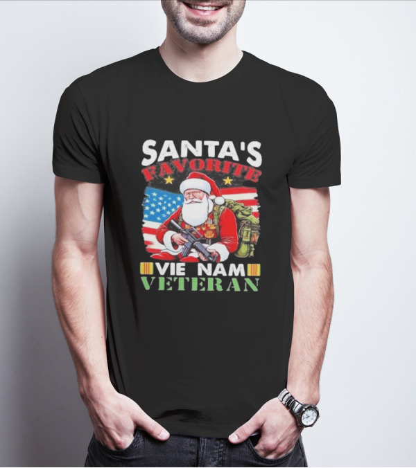 Santa's Favorite Vietnam Veteran With American Flag And Santa Claus Holding Military Gear T-Shirt