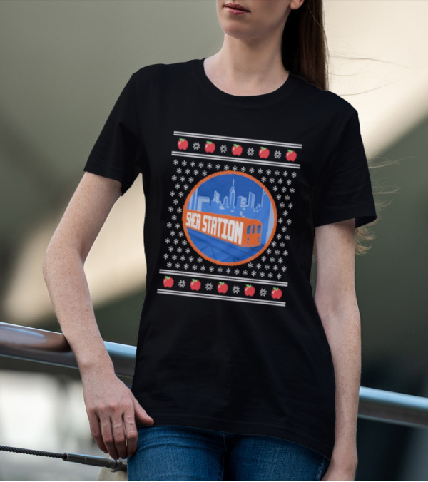 Shea Station New York Skyline Subway Snowflakes Apples T-Shirt