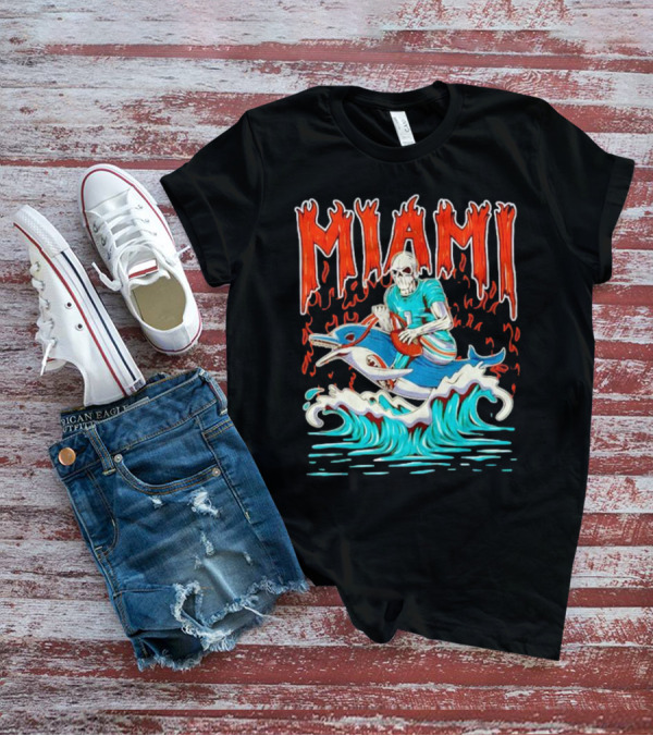 MIAMI Skeleton Riding Dolphin With Football And Flames T-Shirt