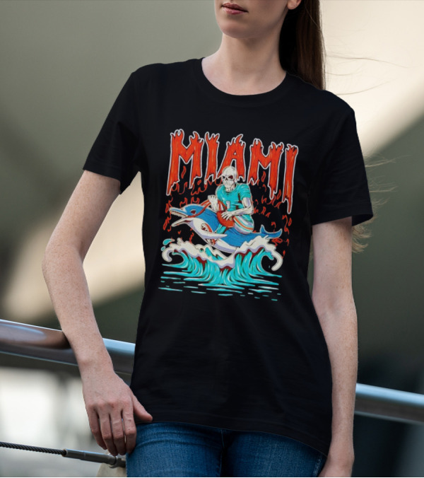 MIAMI Skeleton Riding Dolphin With Football And Flames T-Shirt