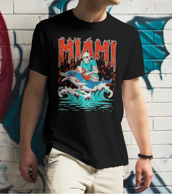 MIAMI Skeleton Riding Dolphin With Football And Flames T-Shirt