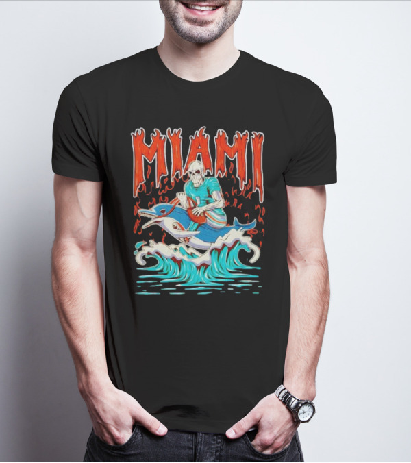 MIAMI Skeleton Riding Dolphin With Football And Flames T-Shirt