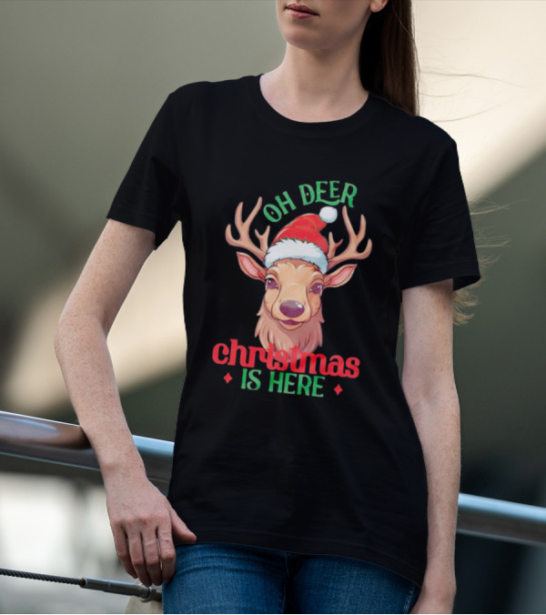 Oh Deer Christmas Is Here Festive Reindeer Santa Hat T-Shirt