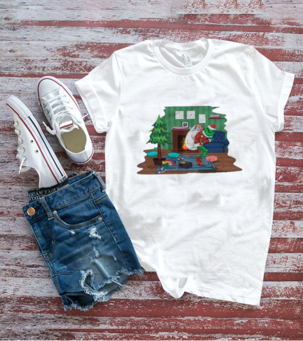 Grinch In Santa Outfit Stealing Presents By The Christmas Tree T-Shirt