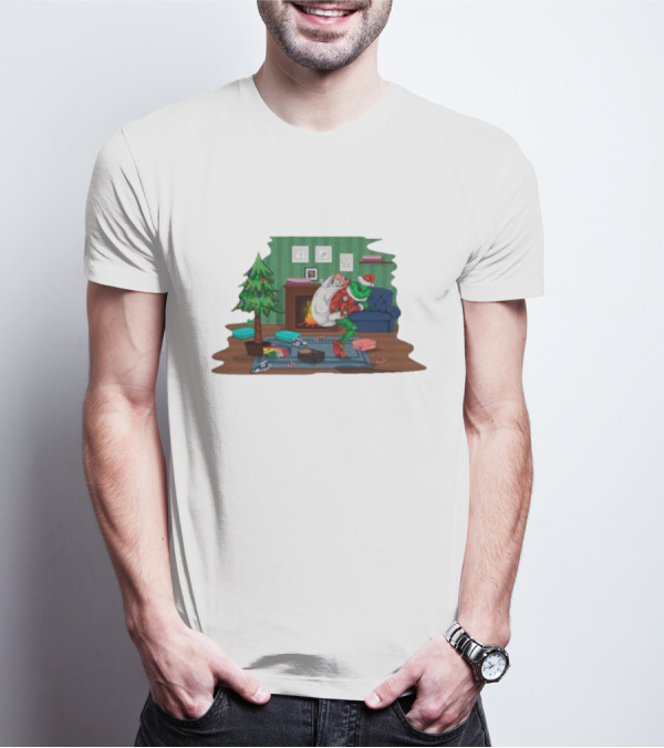 Grinch In Santa Outfit Stealing Presents By The Christmas Tree T-Shirt