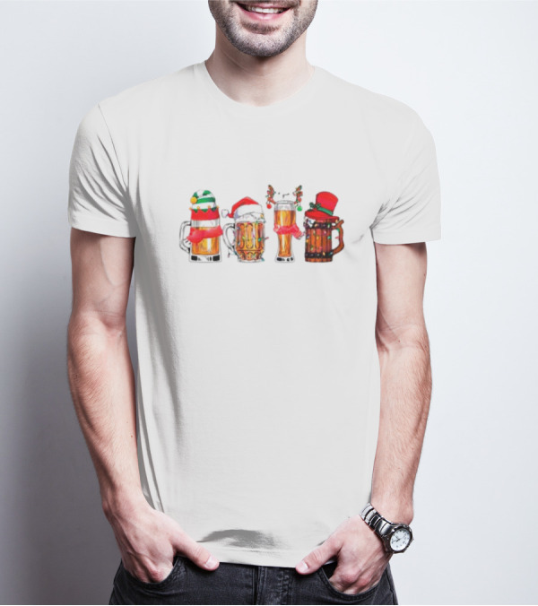 Christmas Beer Mugs Santa Hat And Holiday Decorations T-Shirt
