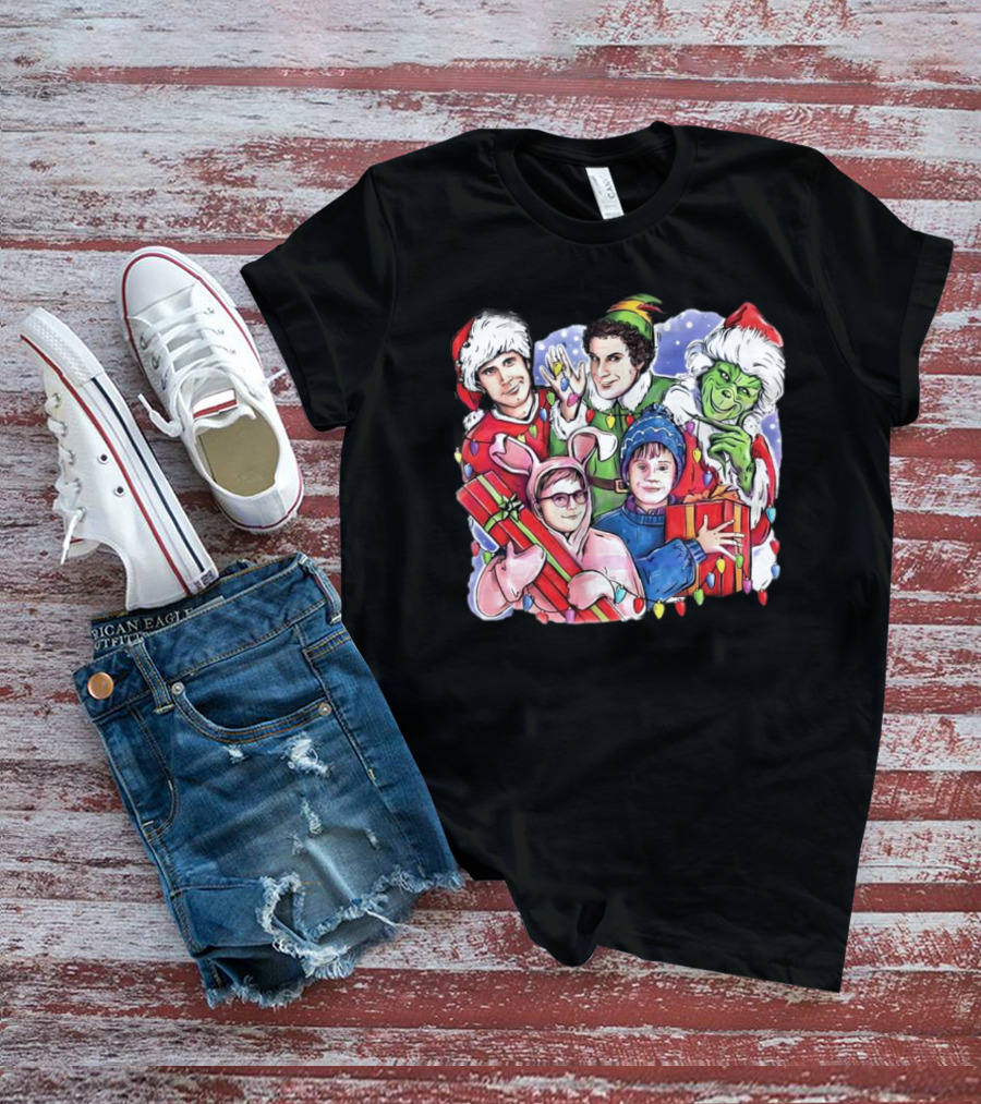 Christmas Friends Movie Character Santa Elf Grinch Pink Bunny T-Shirt