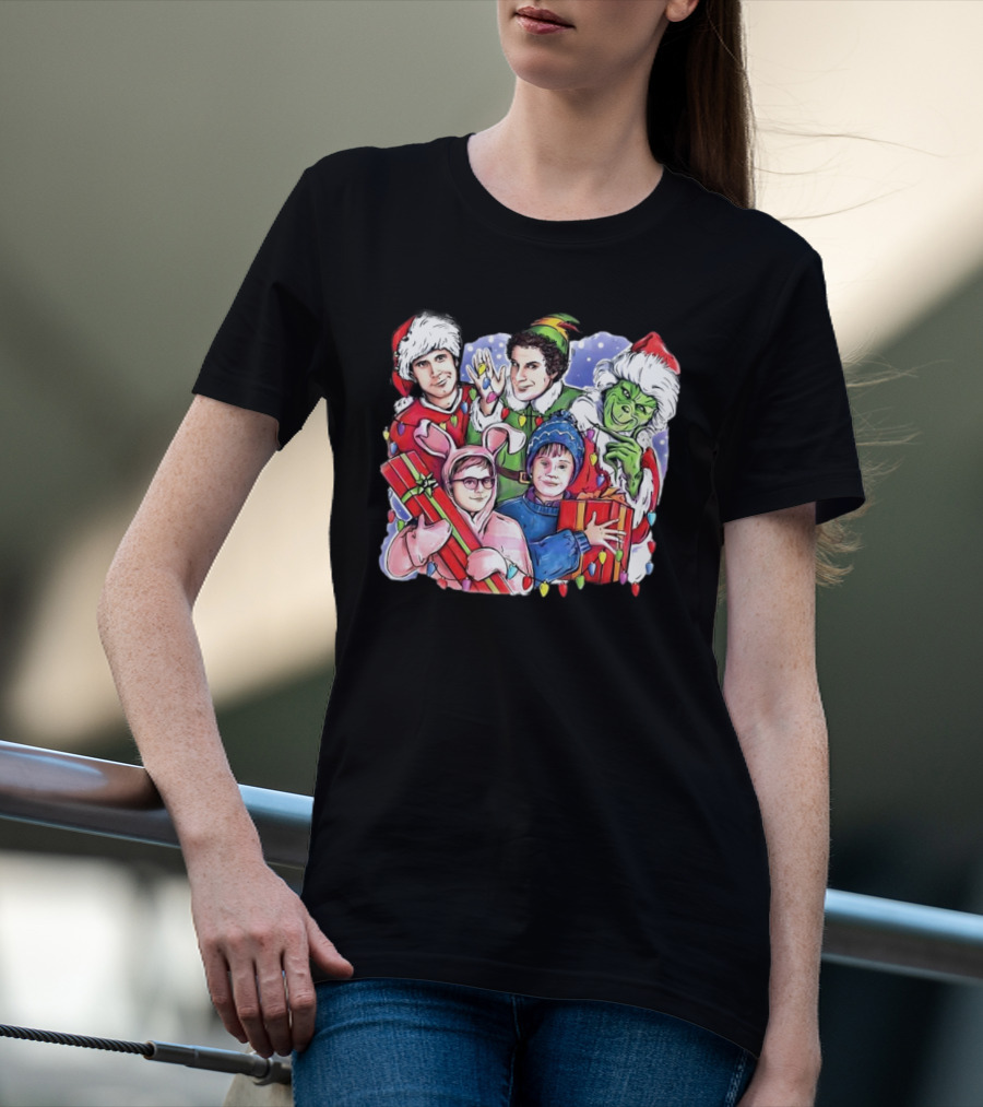 Christmas Friends Movie Character Santa Elf Grinch Pink Bunny T-Shirt