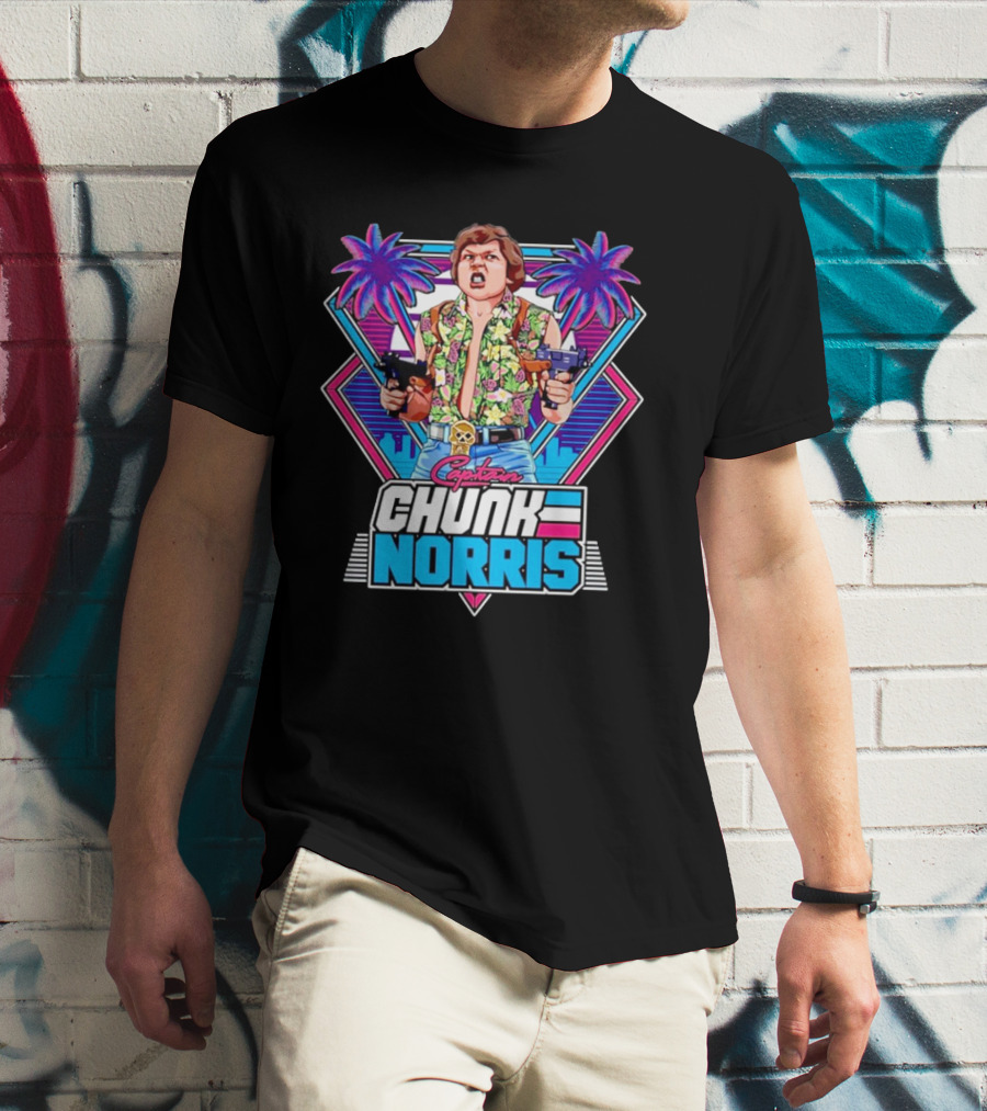 Captain Chunk Norris Retro Miami Vice Styled Character With Dual Pistols And Neon Palm Trees T-Shirt