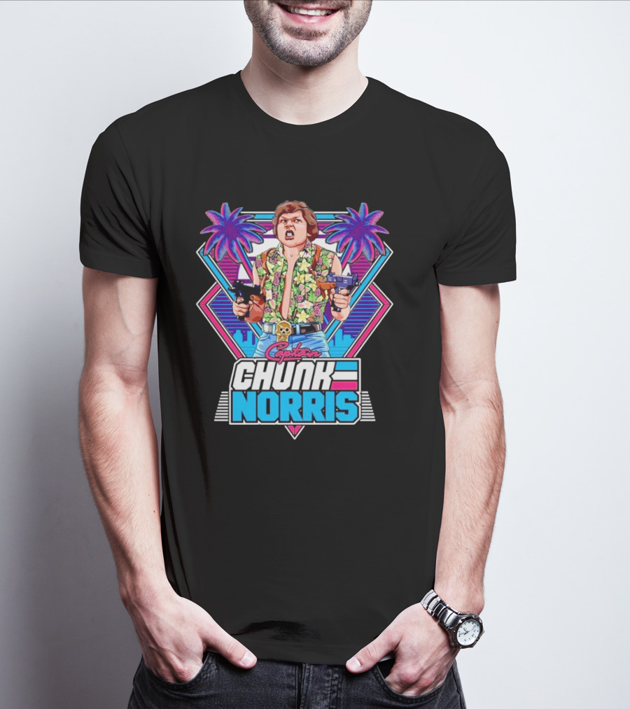 Captain Chunk Norris Retro Miami Vice Styled Character With Dual Pistols And Neon Palm Trees T-Shirt