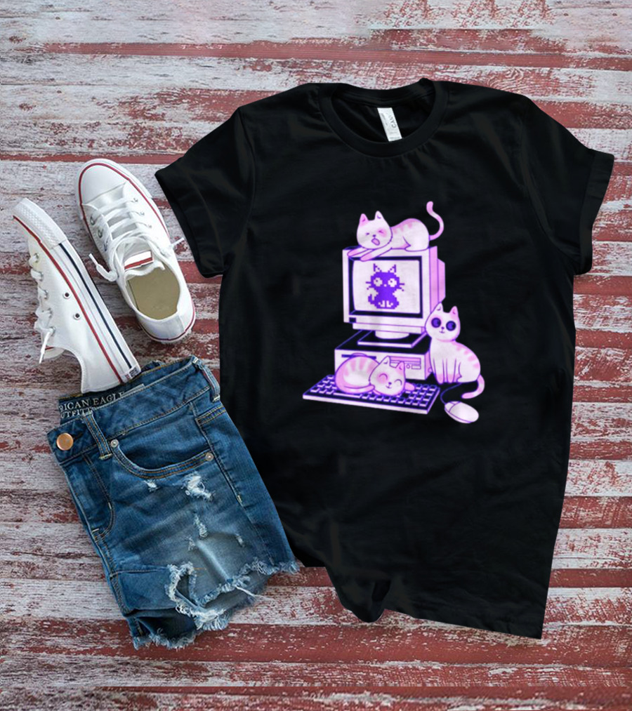 Cats Over Retro Computer With Pixel Art Cat On Screen T-Shirt