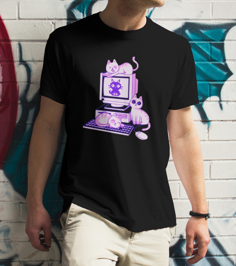 Cats Over Retro Computer With Pixel Art Cat On Screen T-Shirt