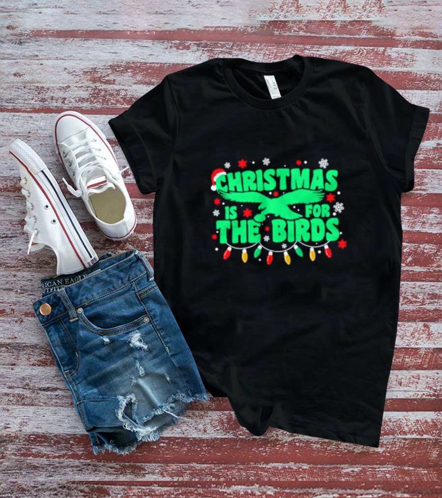 Christmas Is For The Birds Festive Holiday Lights Snowflakes Santa Hat T-Shirt