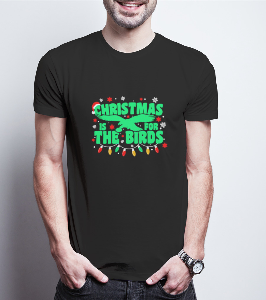 Christmas Is For The Birds Festive Holiday Lights Snowflakes Santa Hat T-Shirt