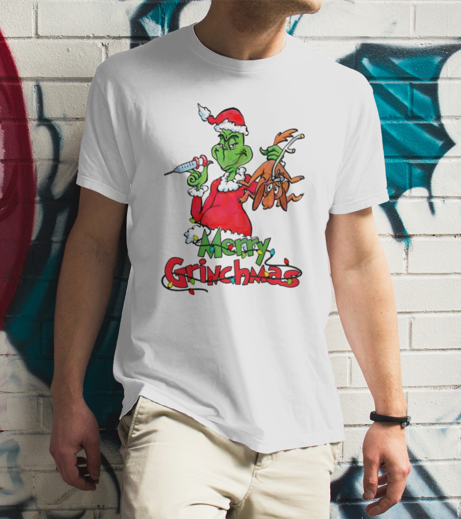Merry Grinchmas Nurse Christmas Grinch With Syringe And Reindeer Dog T-Shirt