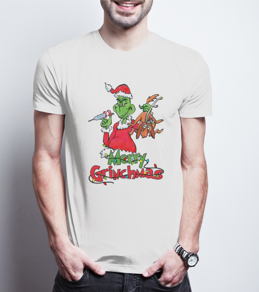 Merry Grinchmas Nurse Christmas Grinch With Syringe And Reindeer Dog T-Shirt