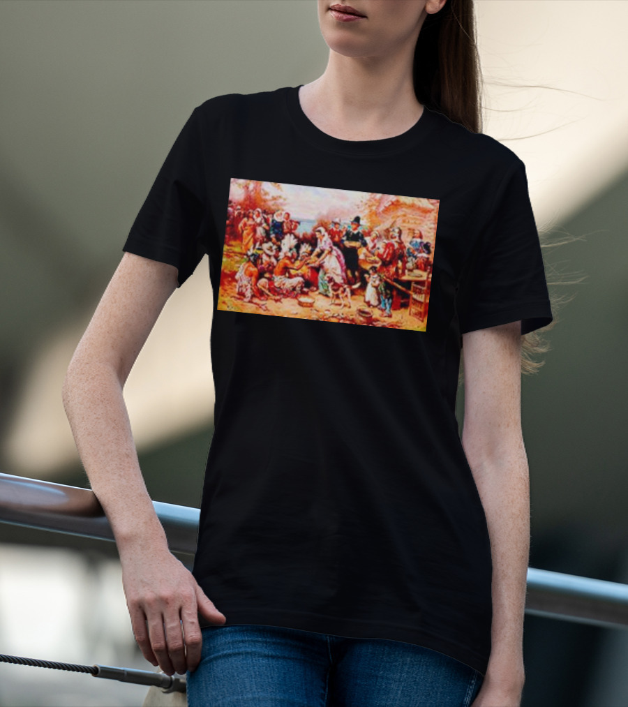 The First Thanksgiving 1621 Pilgrims And Native Americans Harvest Feast T-Shirt