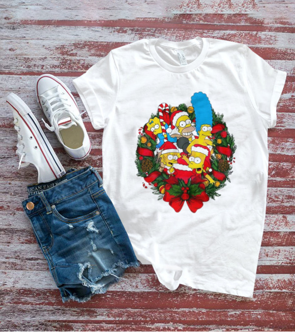 The Simpsons Holiday Wreath With Santa Hats And Candy Canes T-Shirt