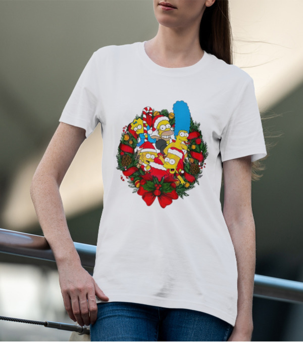 The Simpsons Holiday Wreath With Santa Hats And Candy Canes T-Shirt